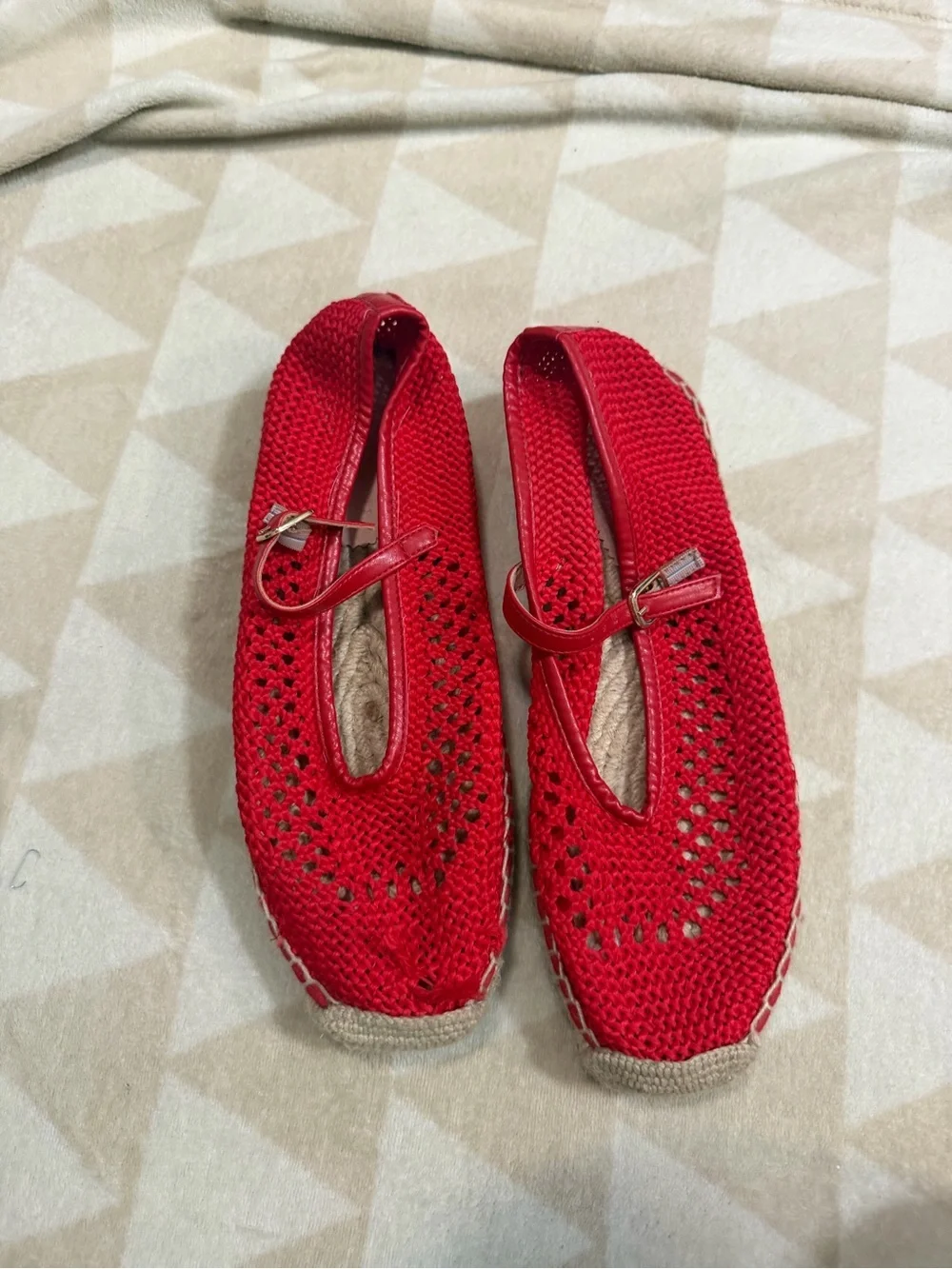 J crew Made-in-Spain Sophie Mary Jane espadrilles with crochet passion rouge